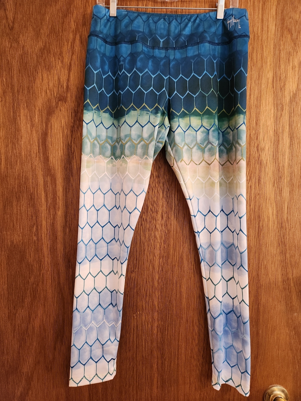 UPF GUY HARVEY Blue Green Ombre Hexagon Print Leggings LARGE